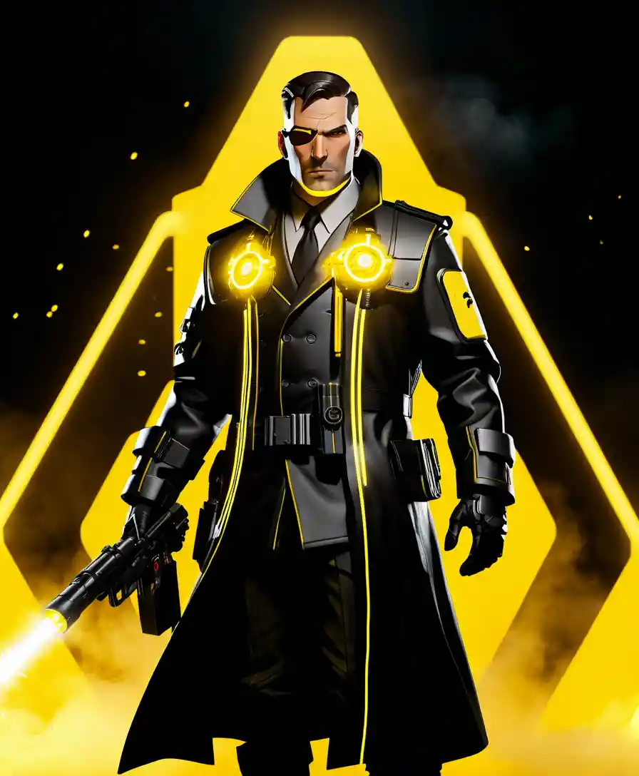 Cybernetic sci fi soldier in neon trench coat
