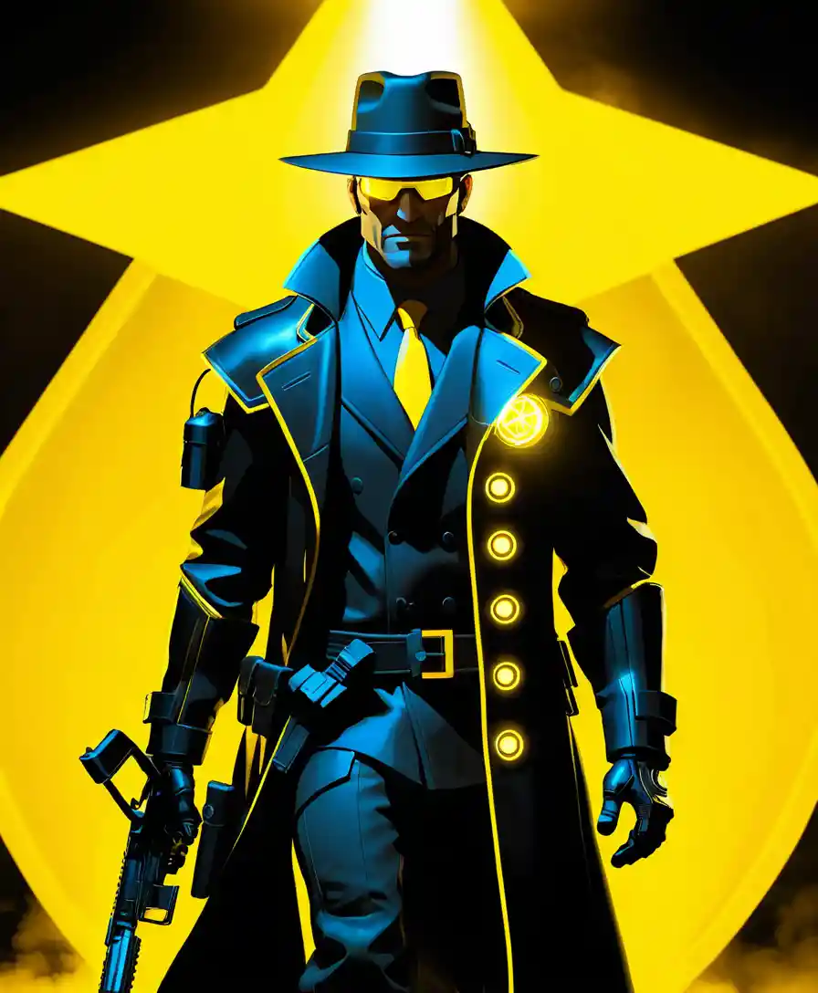 Futuristic sniper in neon armored coat amid cosmic storm
