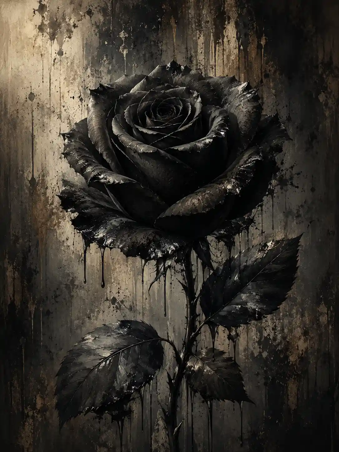 Black rose digital painting with dramatic light and texture