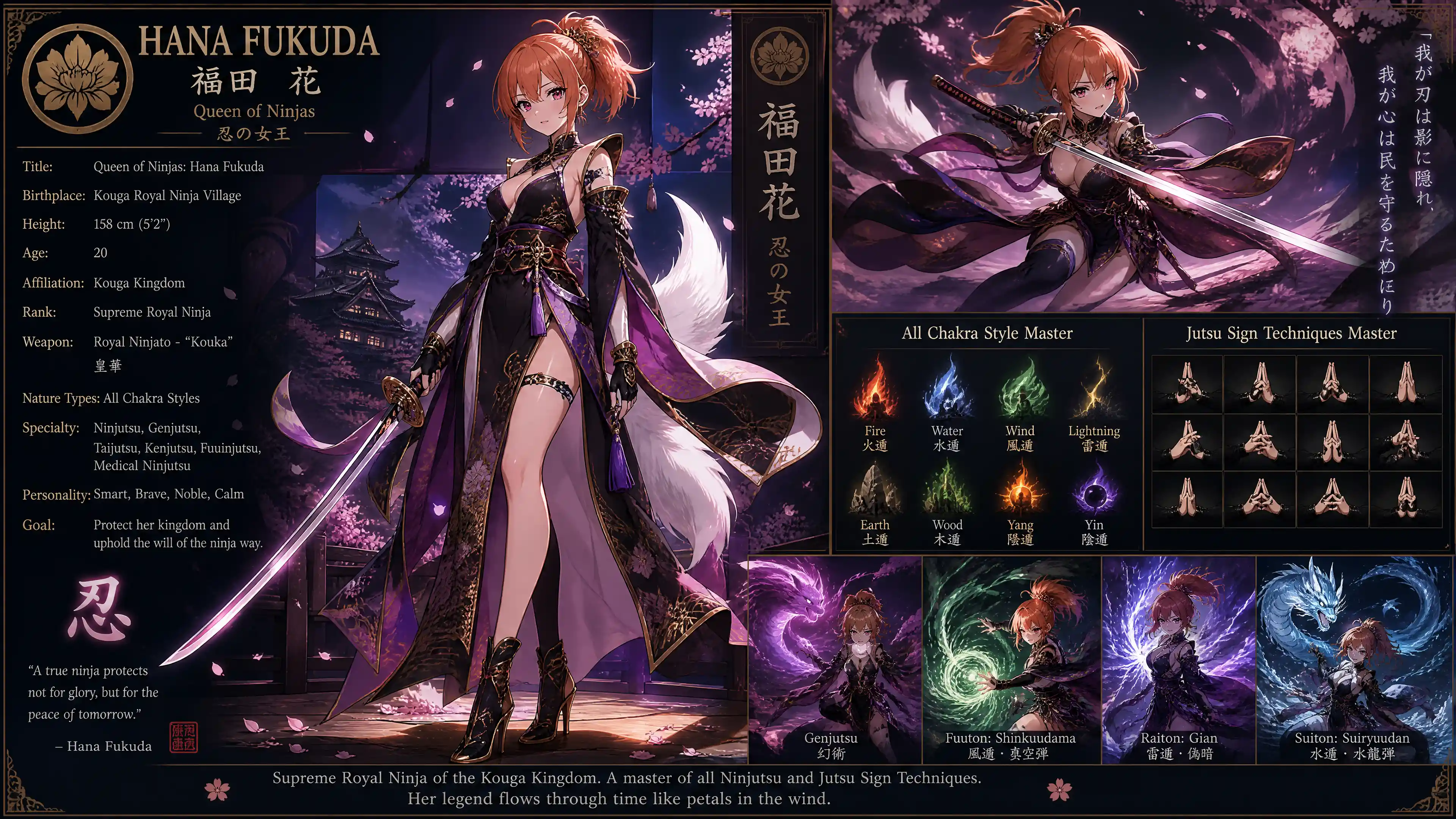 Ninja queen with white fox tail and royal battle attire