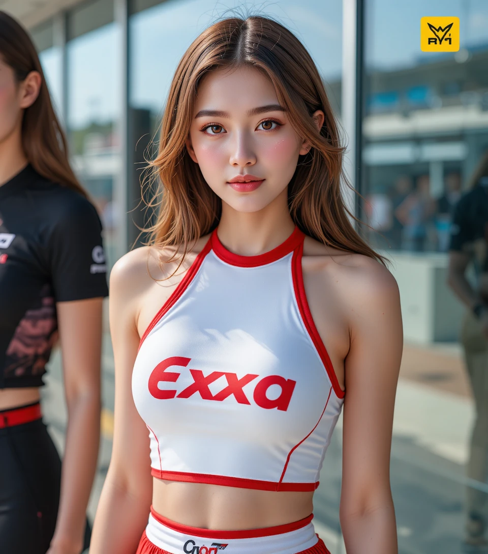 Young racing model in white halter crop top and red shorts