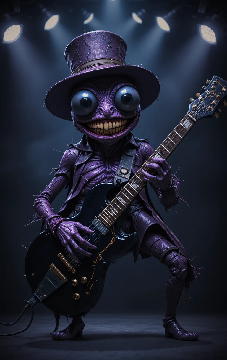 Purple cartoon spider playing electric guitar on stage