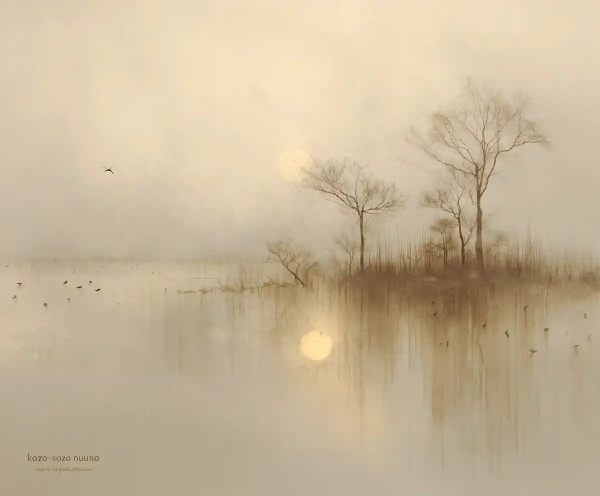 Minimal lakeside silhouettes in soft foggy watercolor