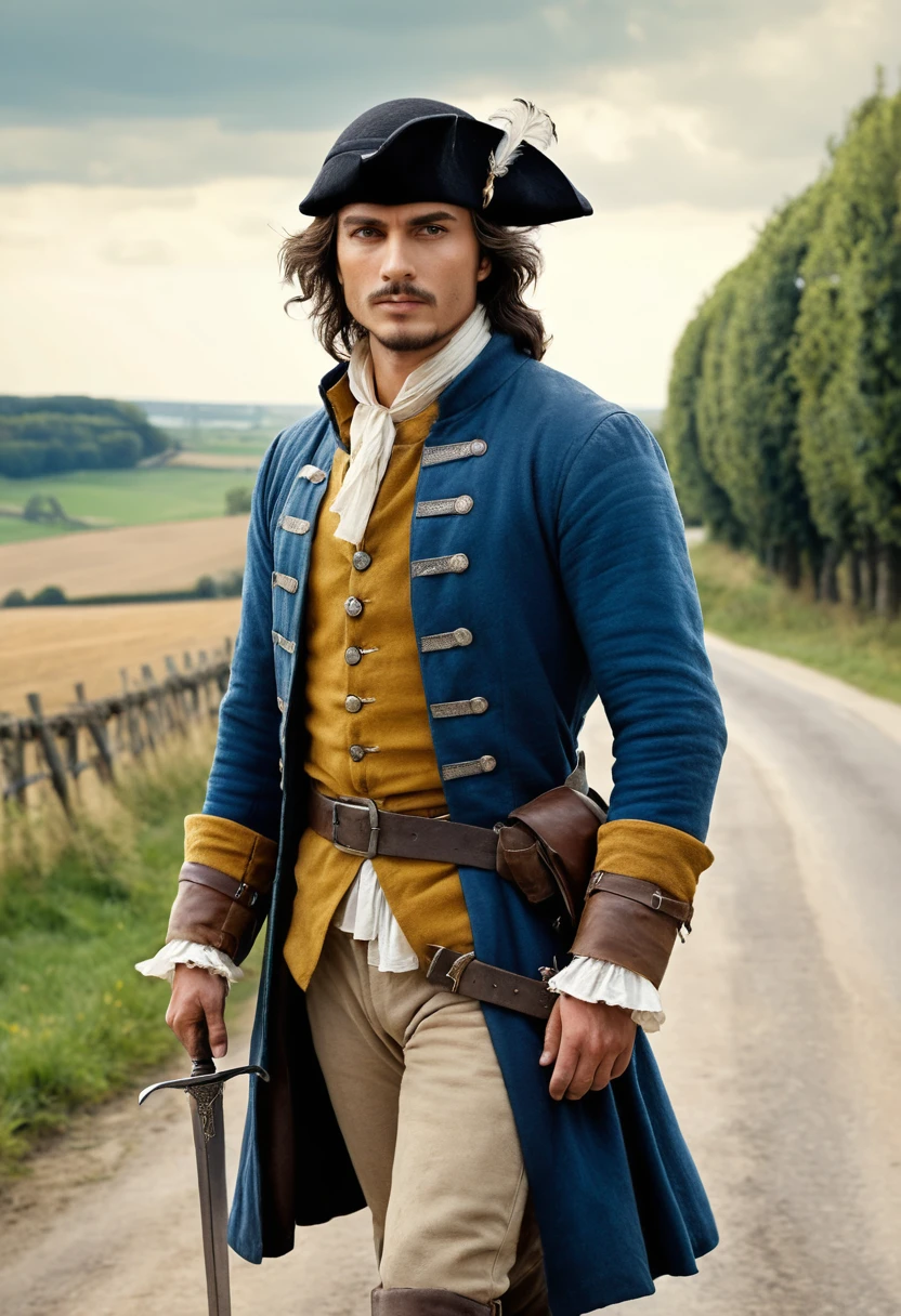 Young Gascon swordsman with pony on French country road