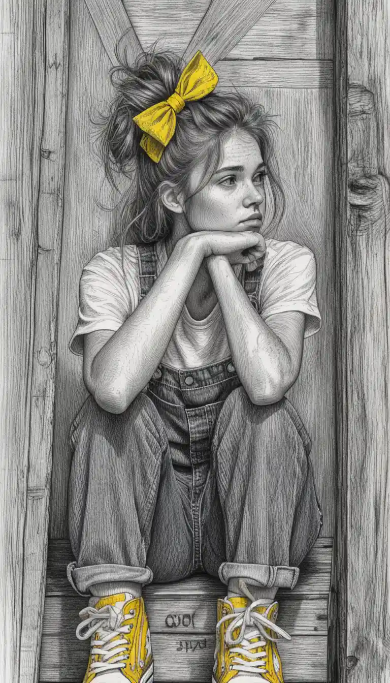 Pensive girl in overalls sitting in rustic wooden doorway