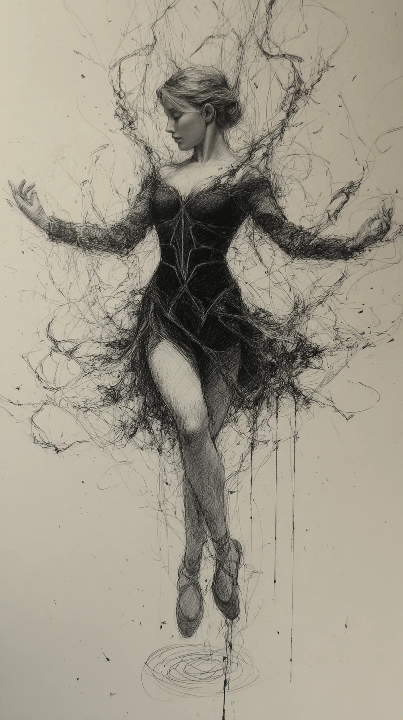 Graphite dancer poised en pointe amid swirling chaotic lines