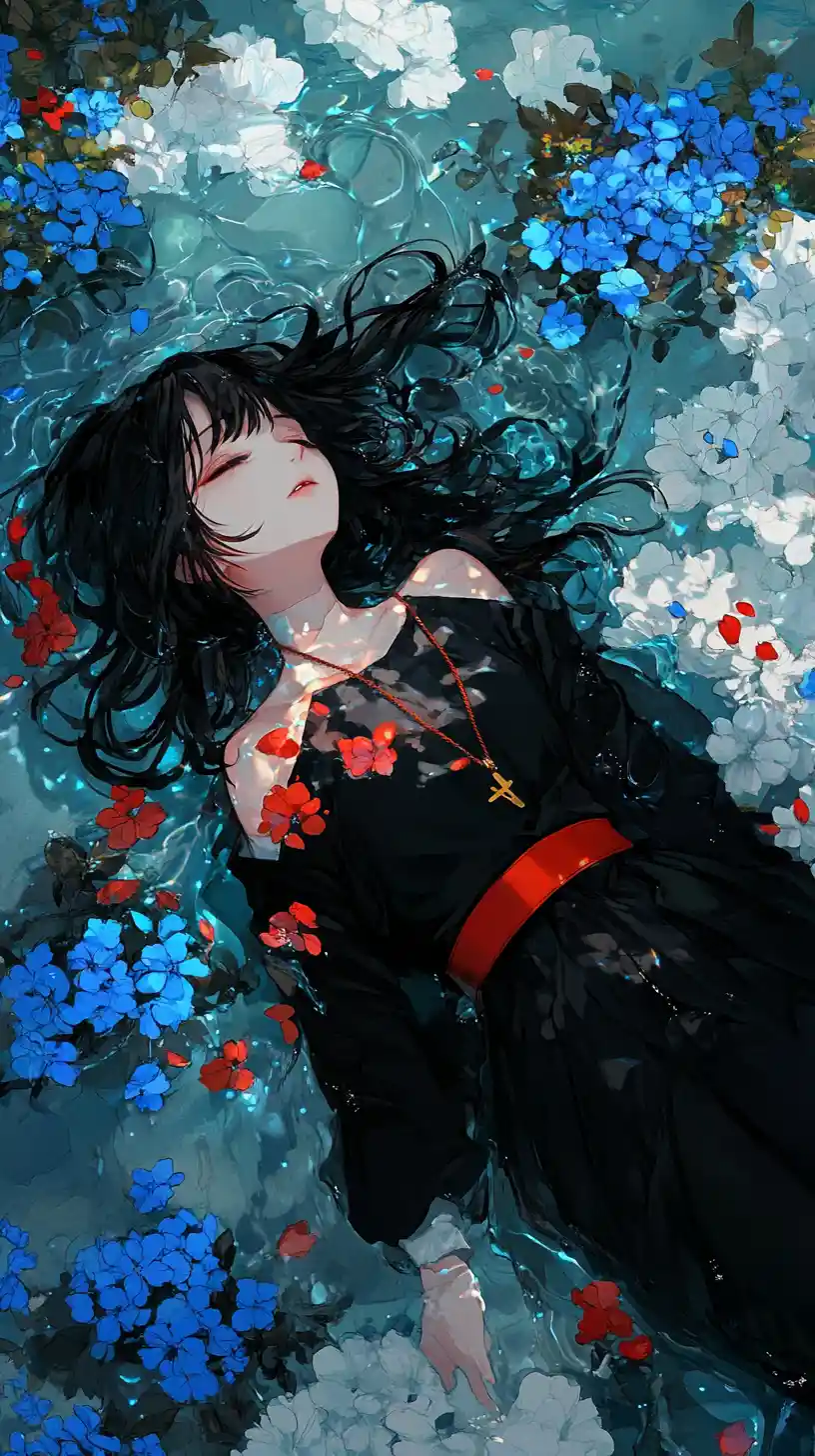 Anime-Mädchen liegt zwischen blauen Blumen im seichten Wasser