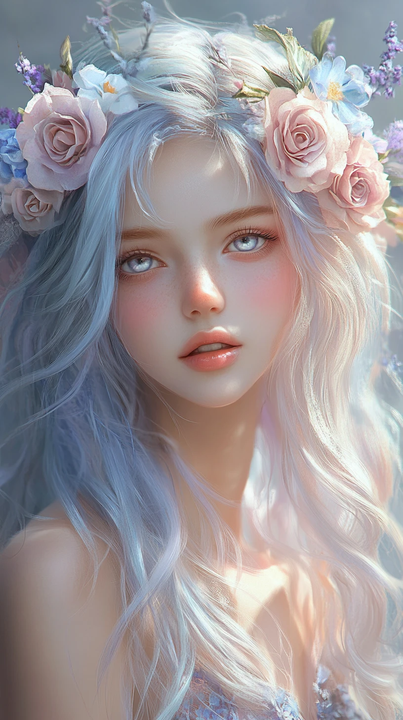 Ethereal anime girl with pastel floral hair crown
