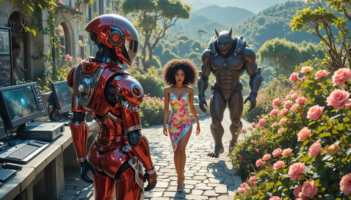 Sci fi heroine in red armor on humid alien rooftop