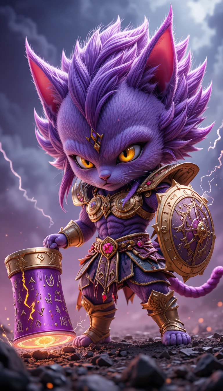 Fierce purple cat warrior with lightning hammer in battle