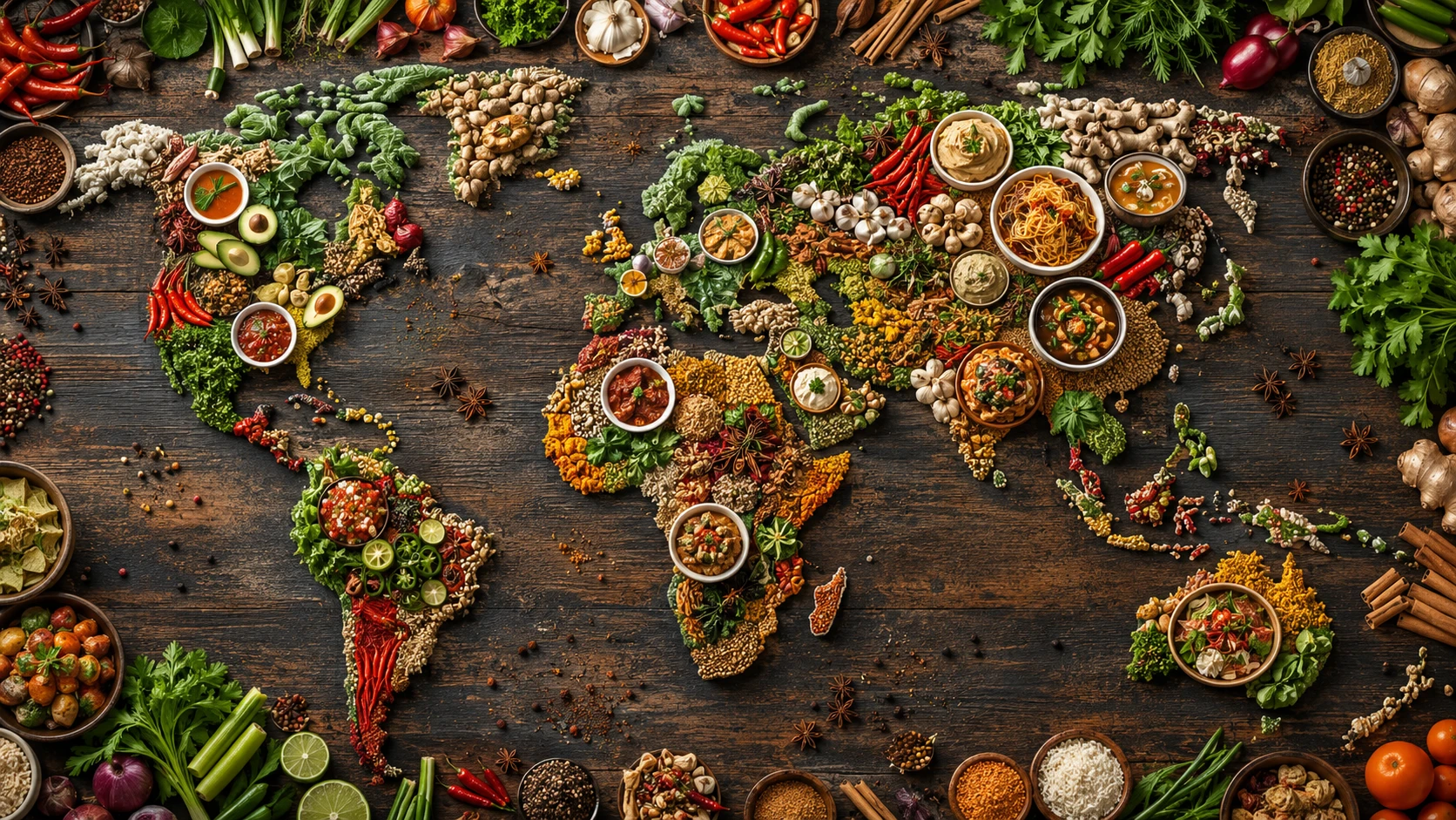 Mappa del mondo composta da verdure fresche e spezie aromatiche