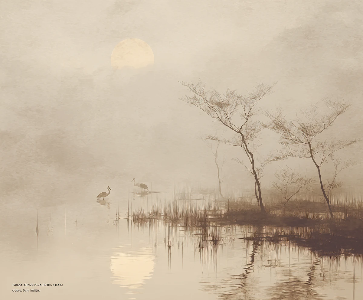 Minimal lakeside silhouettes in soft foggy watercolor