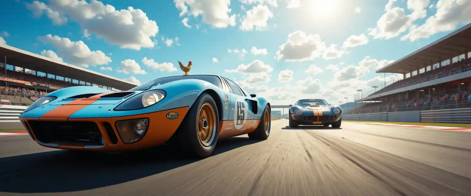 Classic race cars speeding on a sunny racetrack
