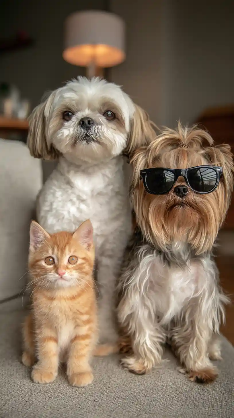 Playful kitten in sunglasses beside two angry small dogs