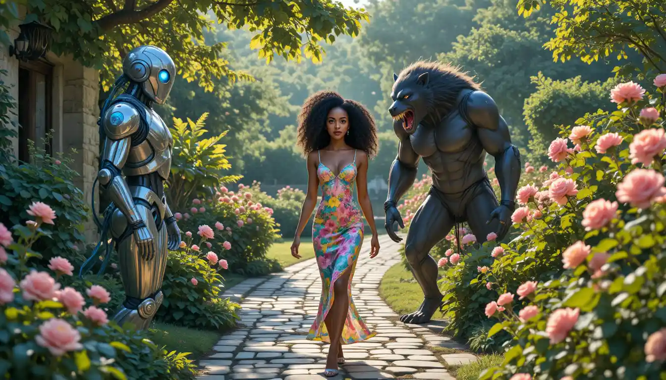Black woman walking between robot and werewolf in garden