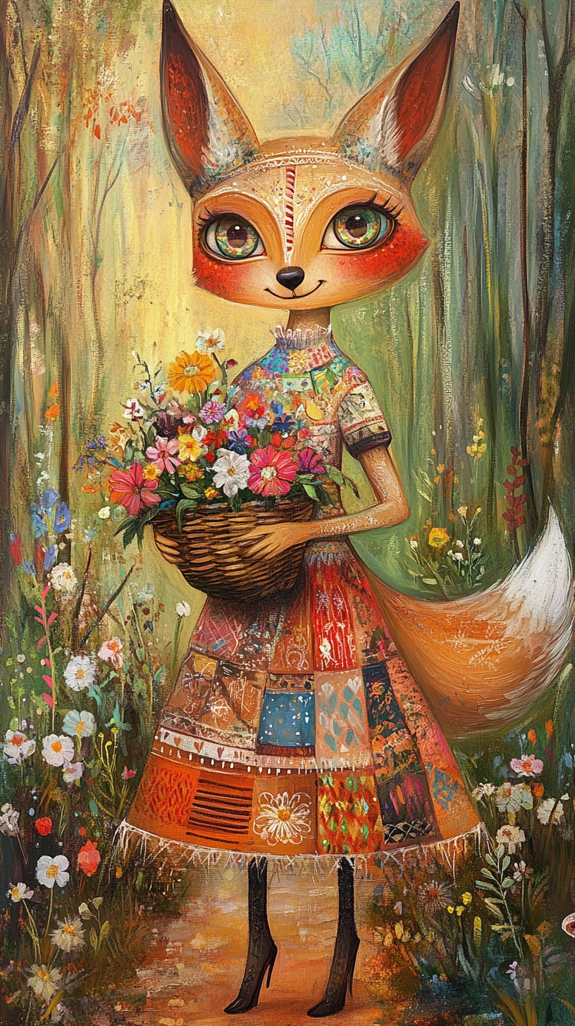 Joyful fox woman walking along a sunny forest path