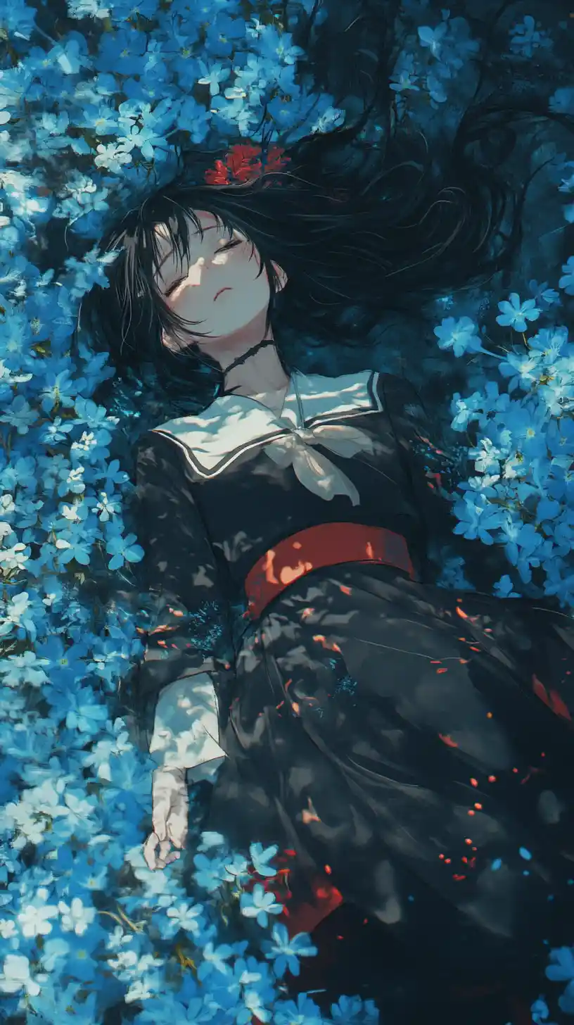 Anime girl lying in blue flowers with nostalgic expression