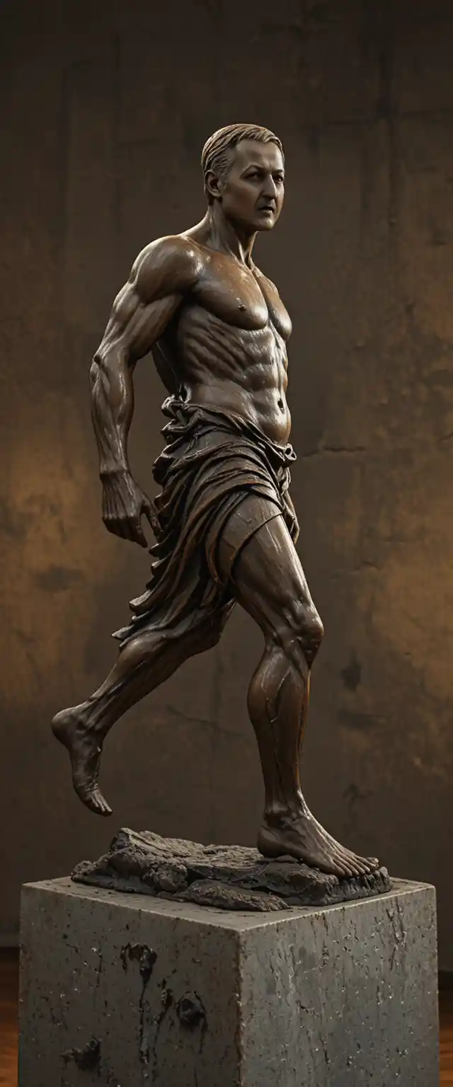 Bronze sculpture of a determined man striding forward