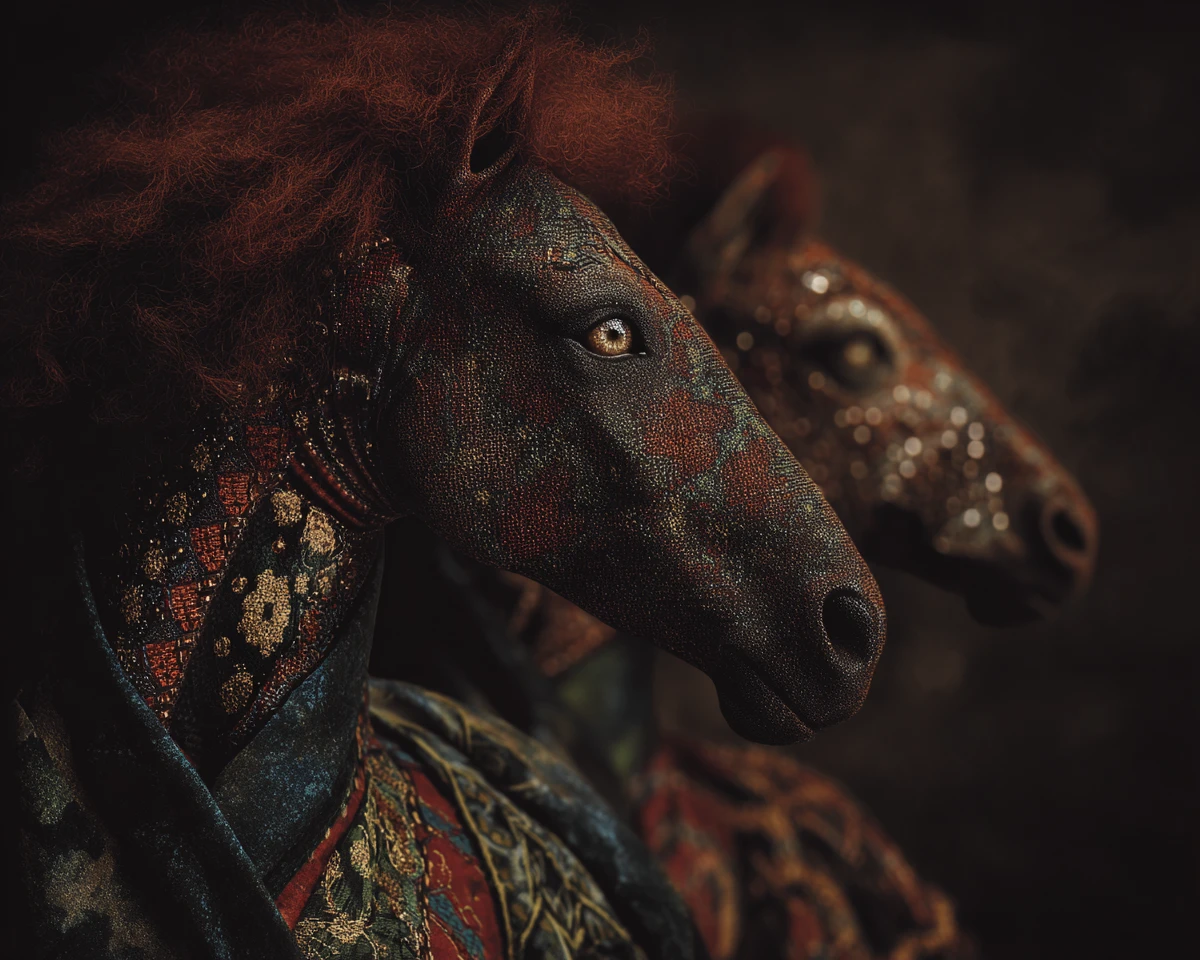 Surreal dark skinned angel amid wild horses in landscape