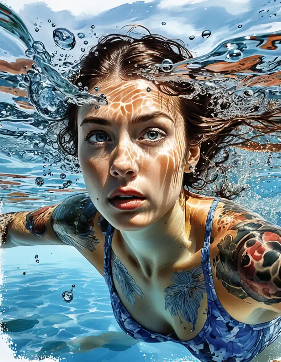 Determined tattooed woman swimming just below the water surface