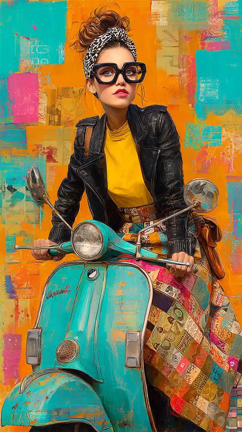 Pop art woman on vintage scooter in abstract colors