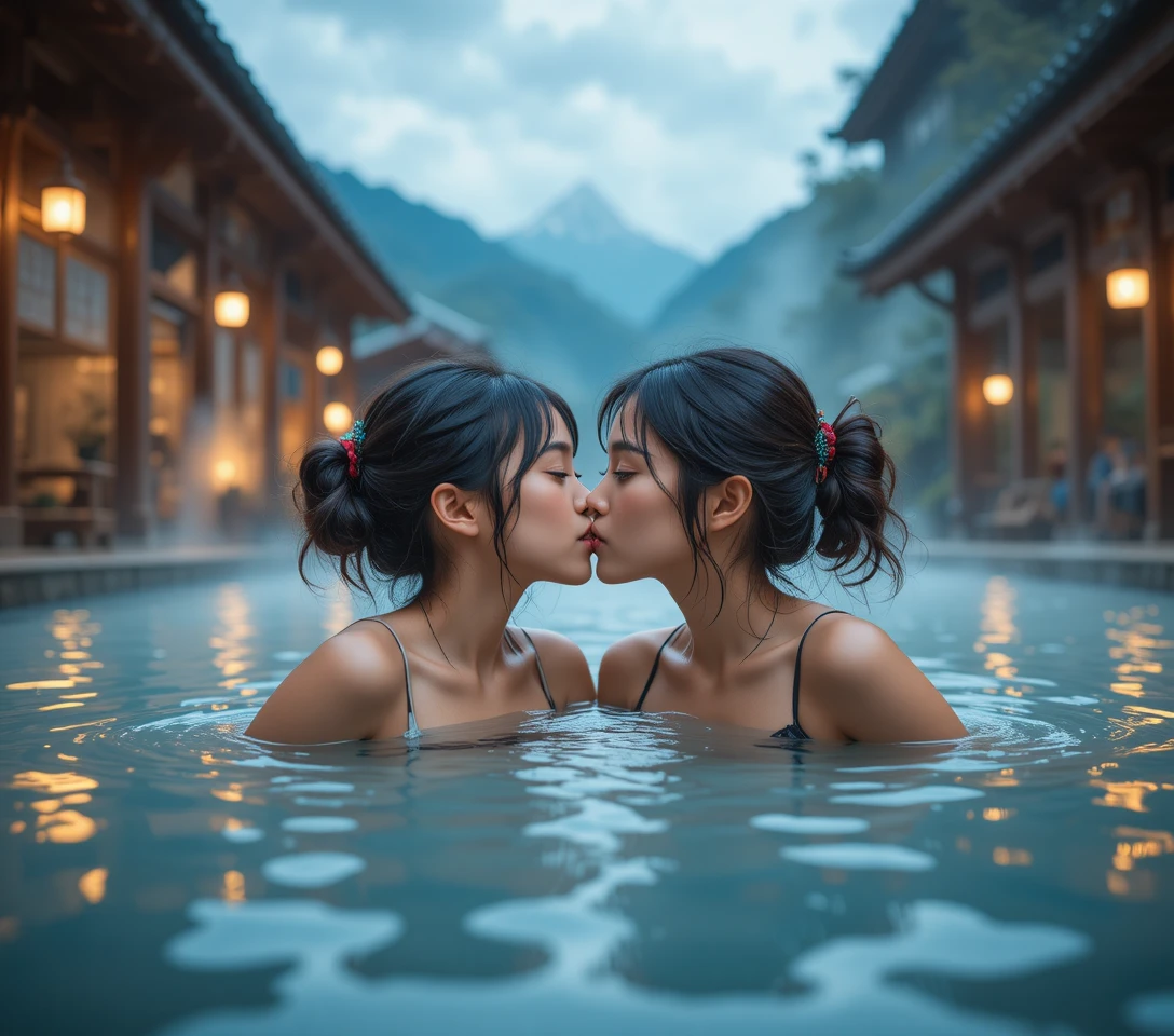 Two young girls at a Japanese mountain hot spring