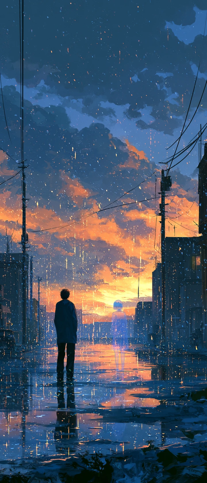 Boy and ghostly girl divided by a rainy city street