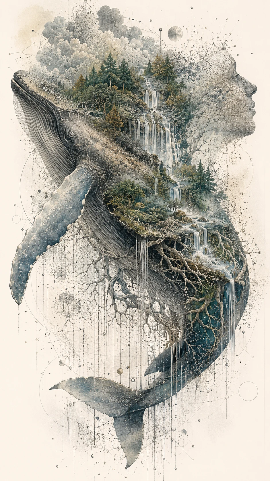 Floating whale opening into forests waterfalls and roots