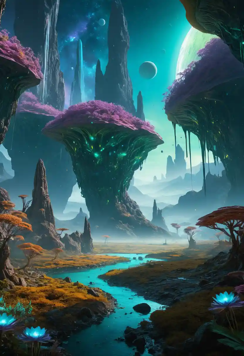 Vast Alien Landscape With Floating Rocks And Crystal Peaks