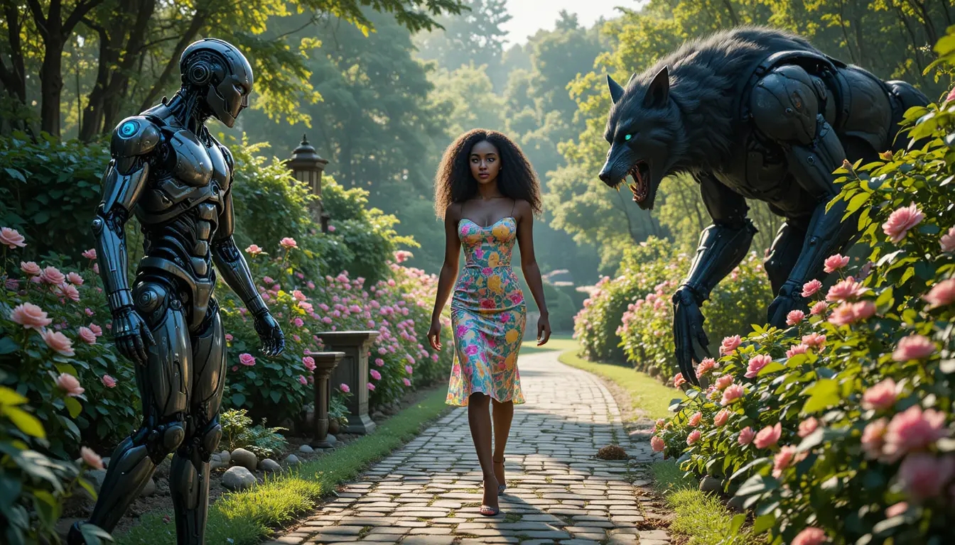 Femme noire marchant entre un robot et un loup-garou dans un jardin