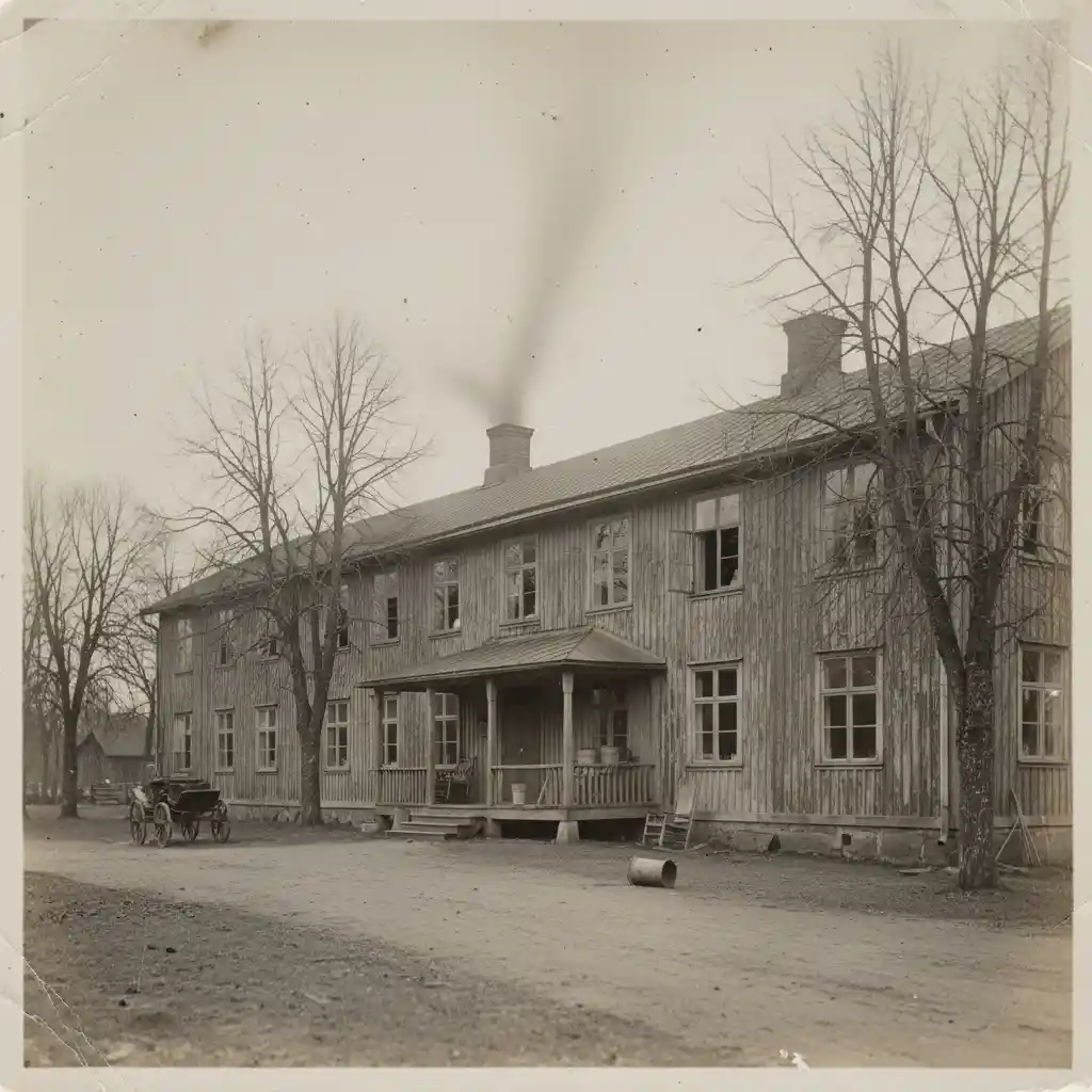 Vintage Swedish hospital hallway in worn sepia photograph