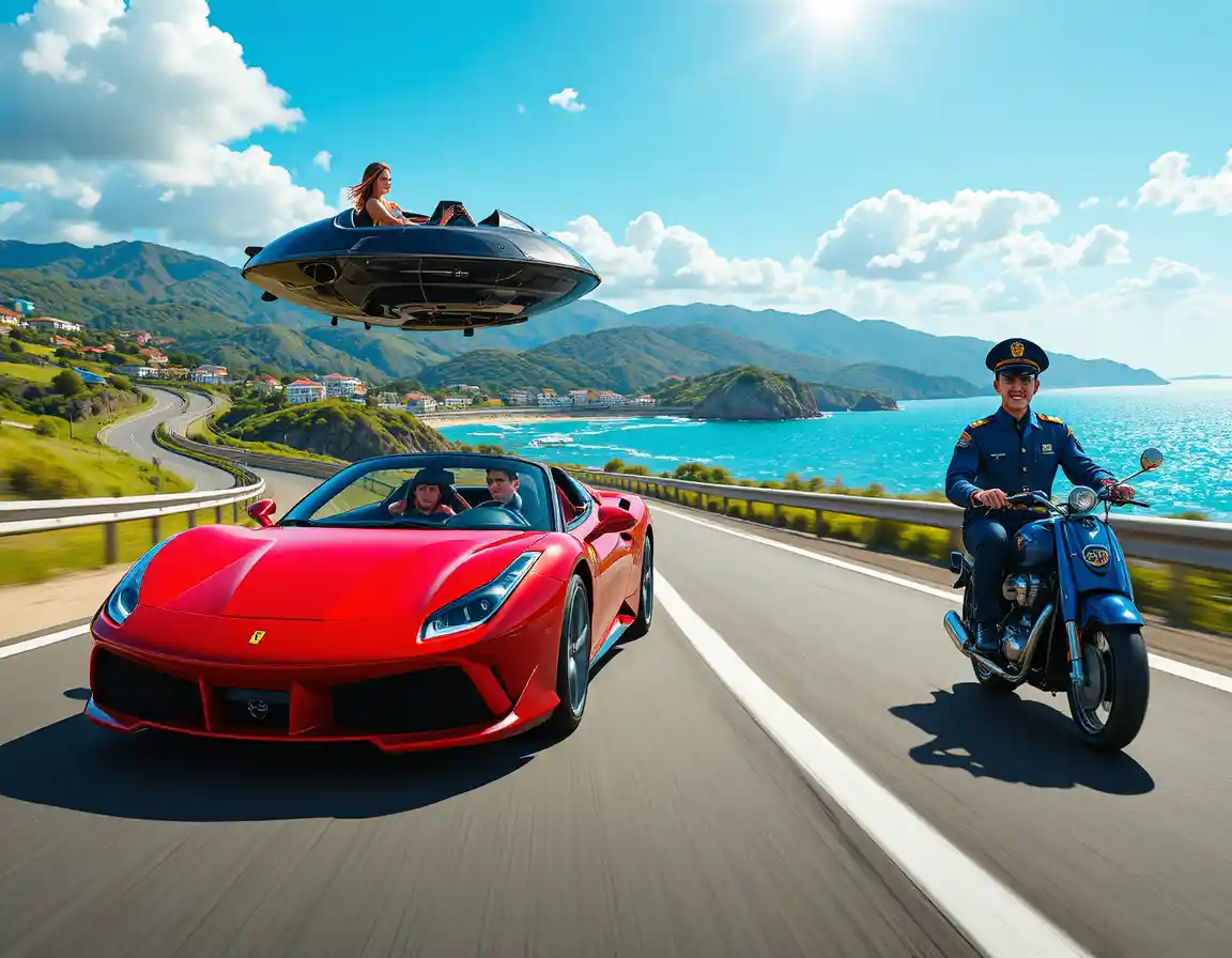 Red convertible racing along a sunny coastal highway