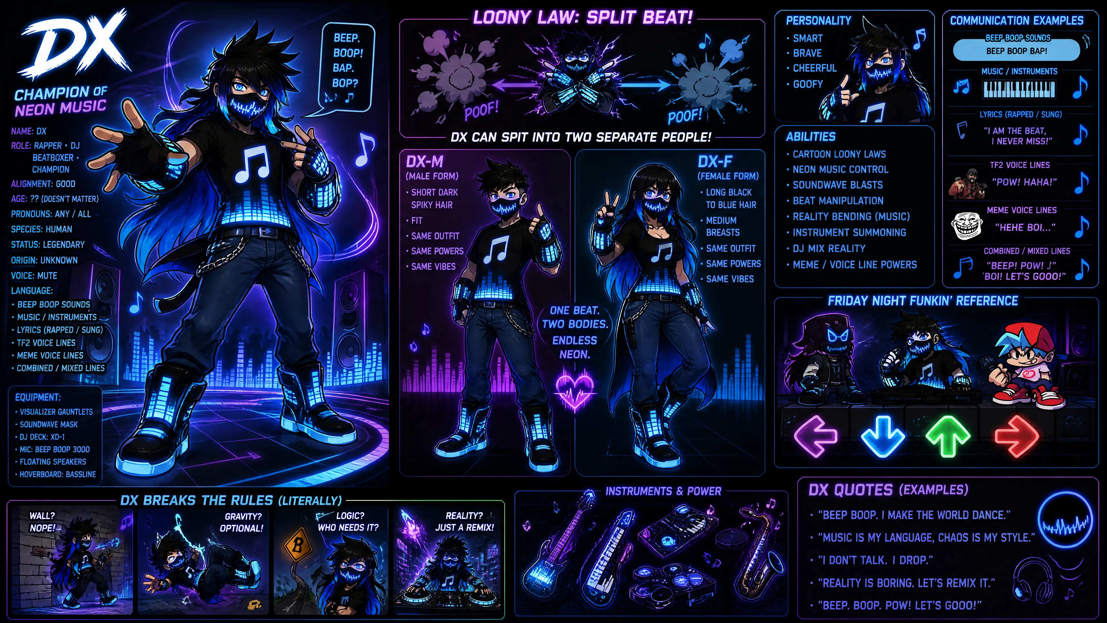 Androgynous neon musician with mask and glowing gear