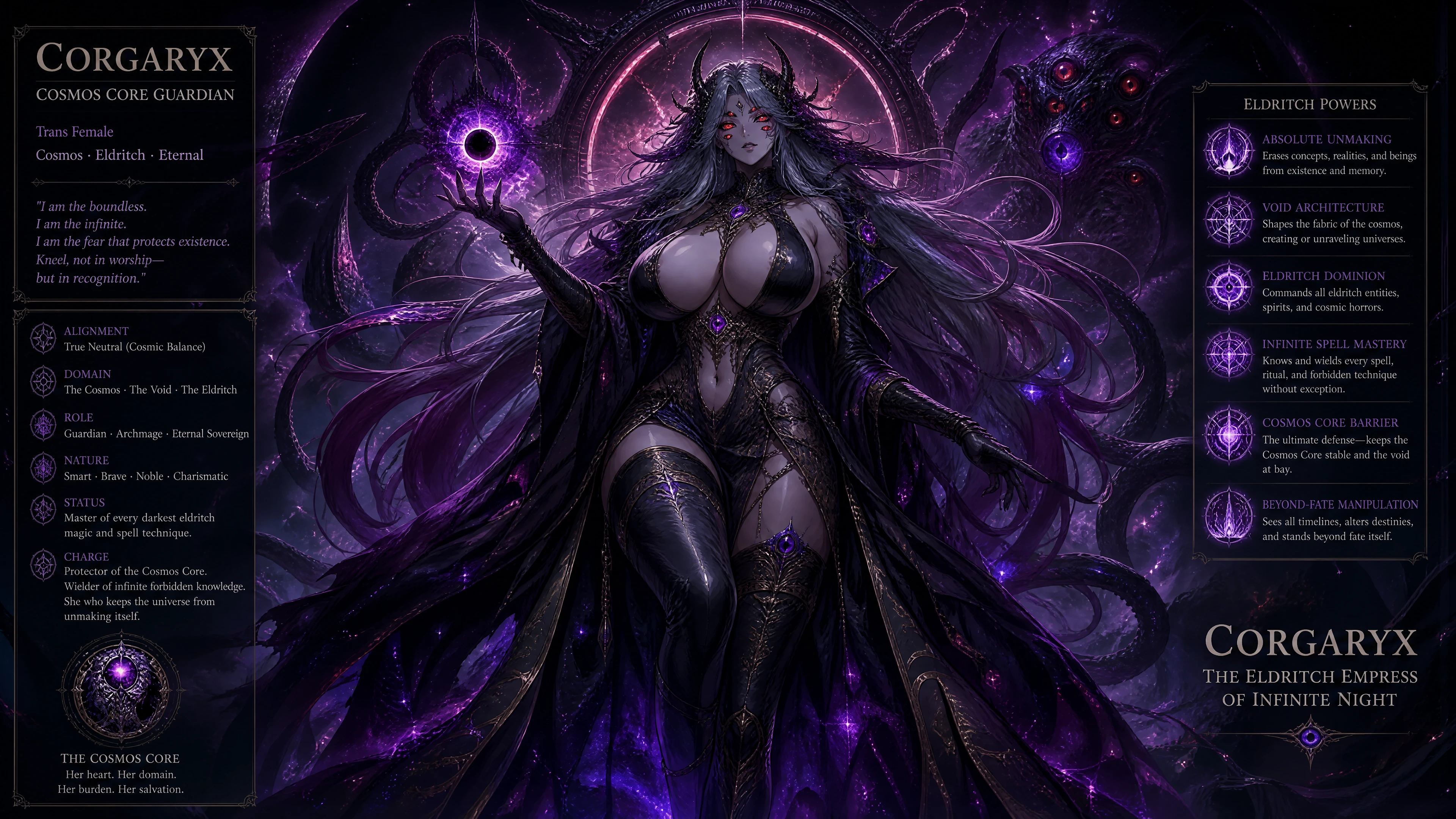 Cosmic eldritch woman with six glowing red eyes