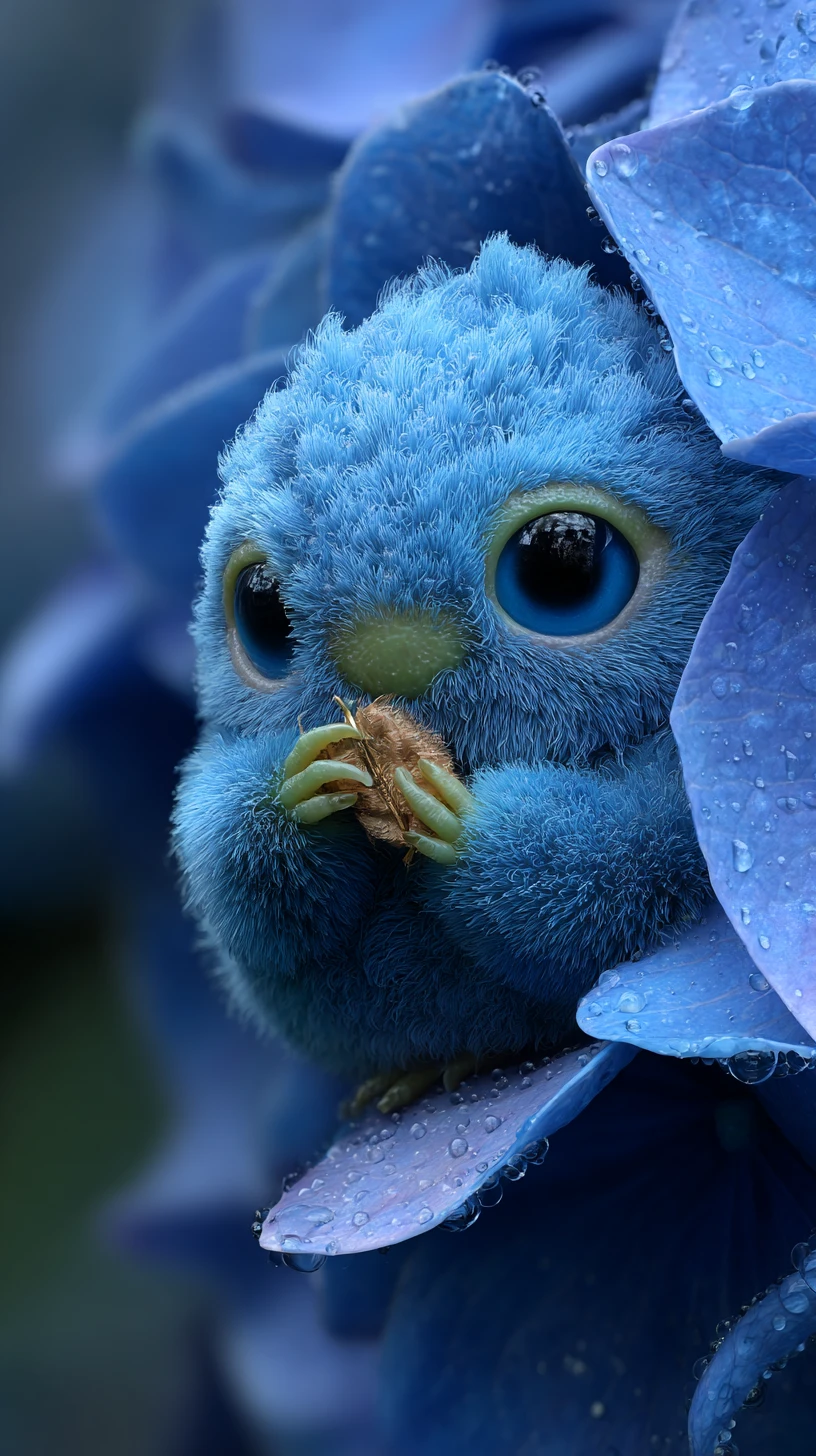 Cute blue fantasy creature hiding under a flower