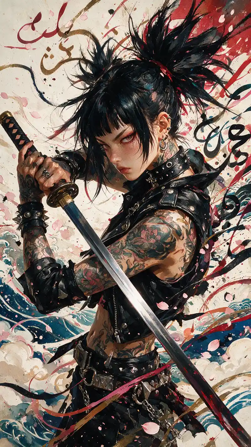 Gothic punk warrior woman with katana close up portrait