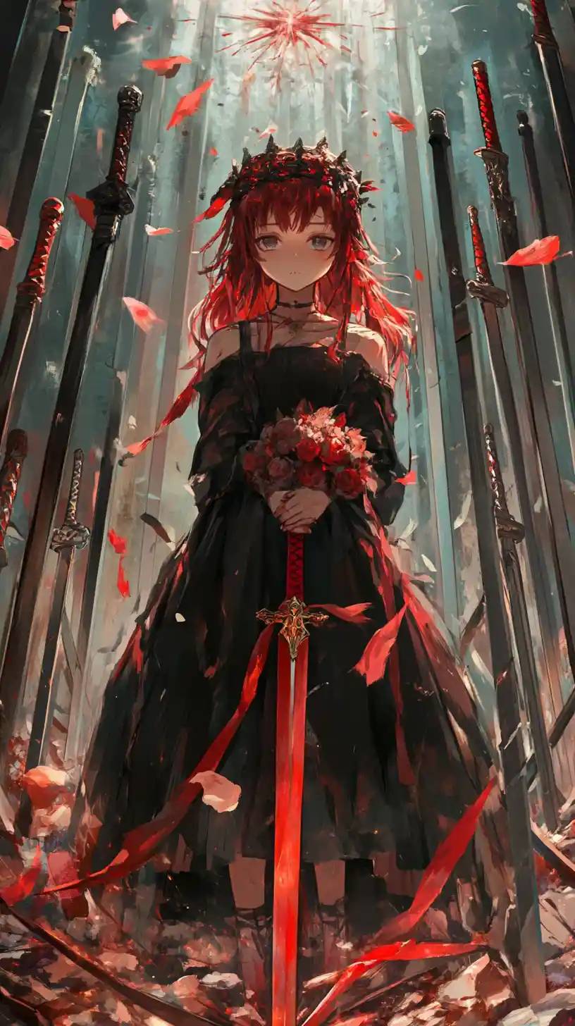 Sad girl walking through a field of transparent swords
