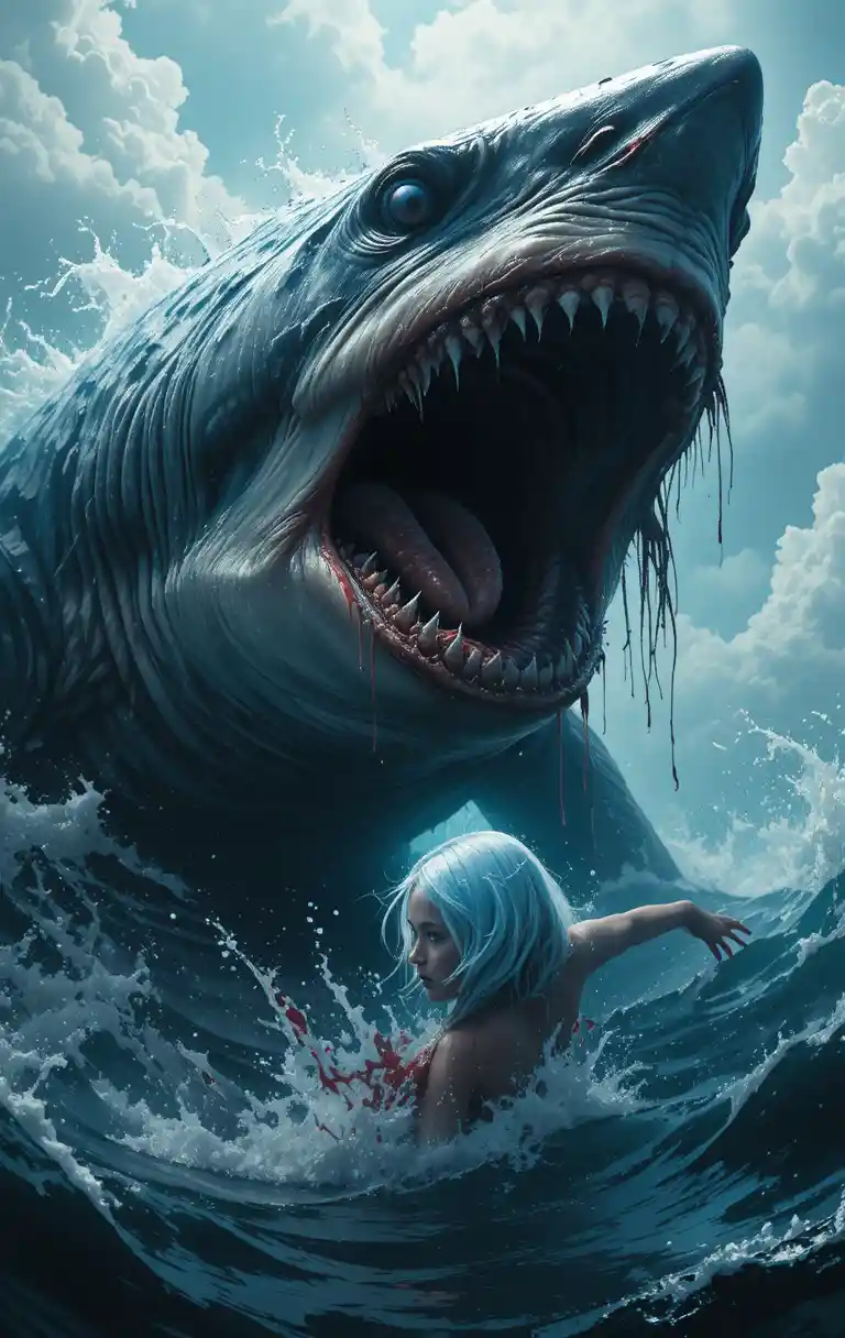 Terrifying shark attacking a lone swimmer in rough ocean waters