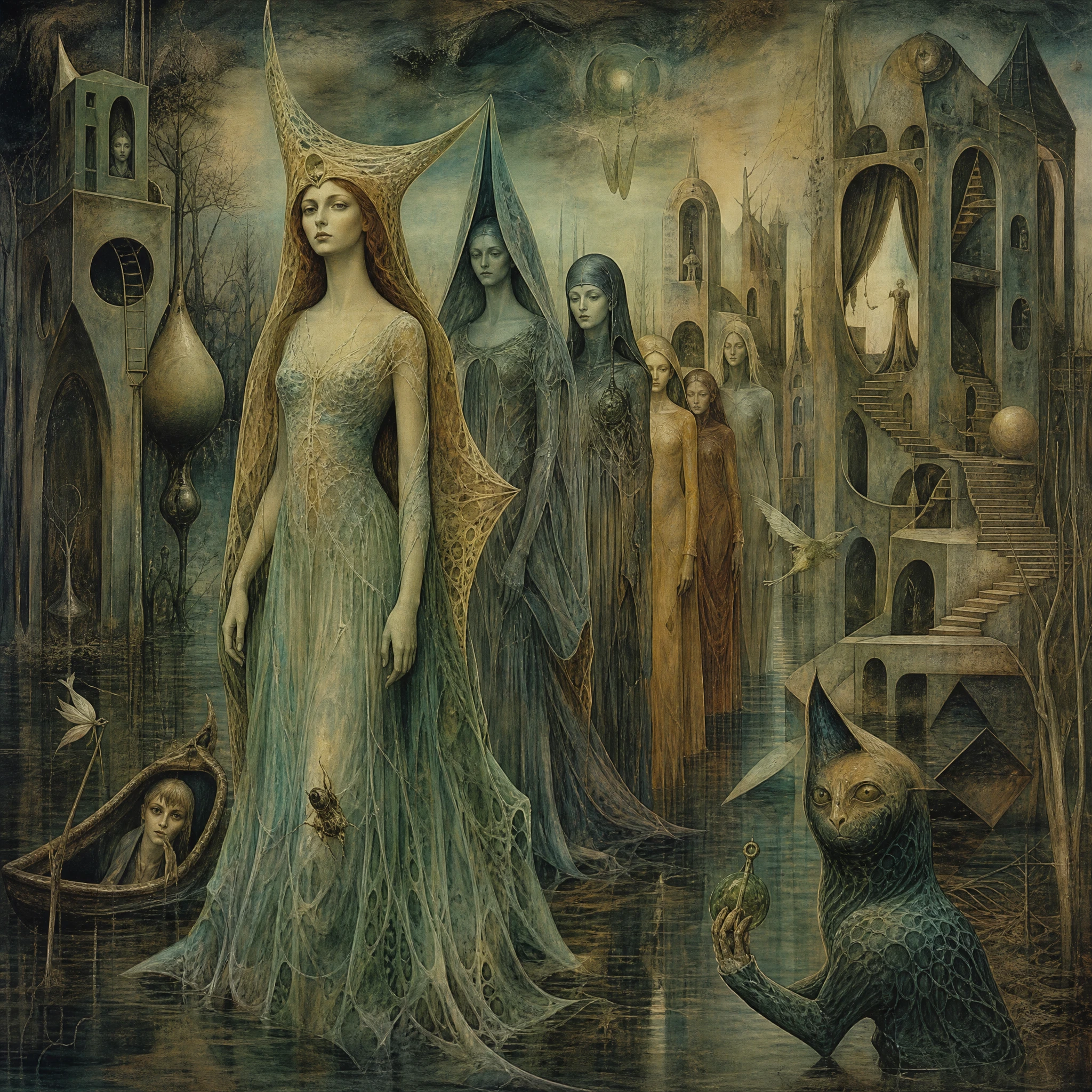 Ethereal women emerging from a surreal primeval swamp