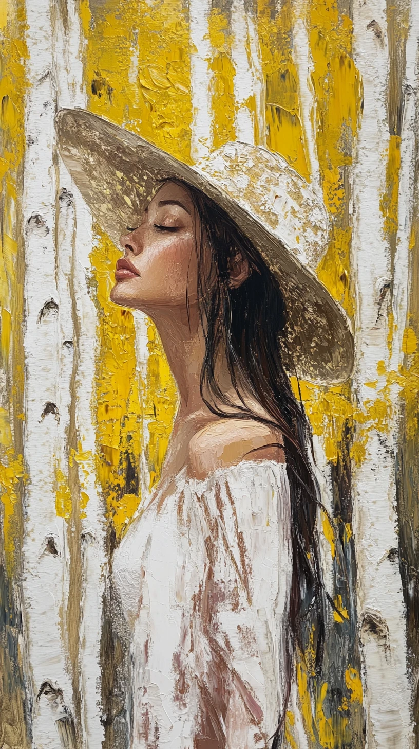 Elegant woman in hat in a textured surreal forest painting