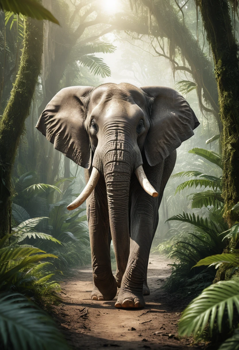 Asian elephant striding through lush tropical jungle light