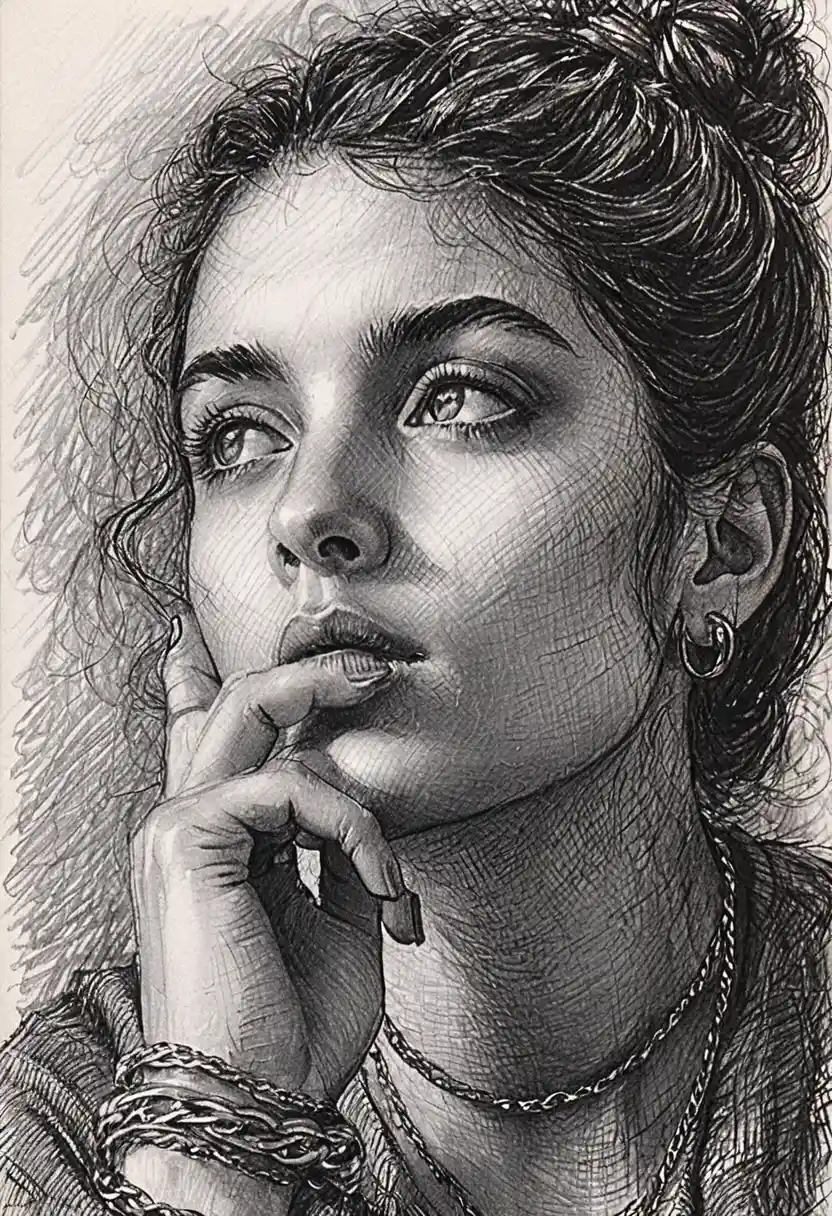 Thoughtful ink portrait of a woman with hand to lips