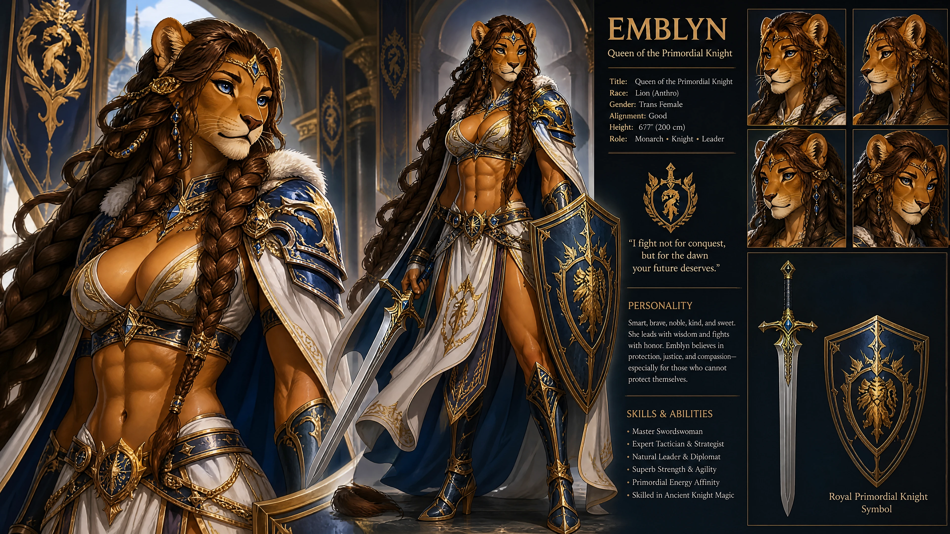 Anthro lion queen knight with sword and shield