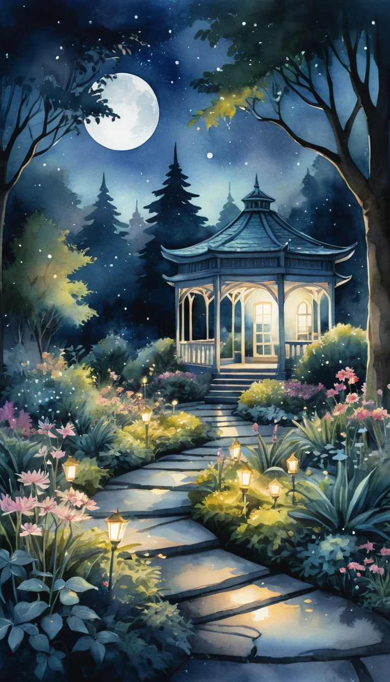 Tranquil fantasy garden path glowing softly under moonlight