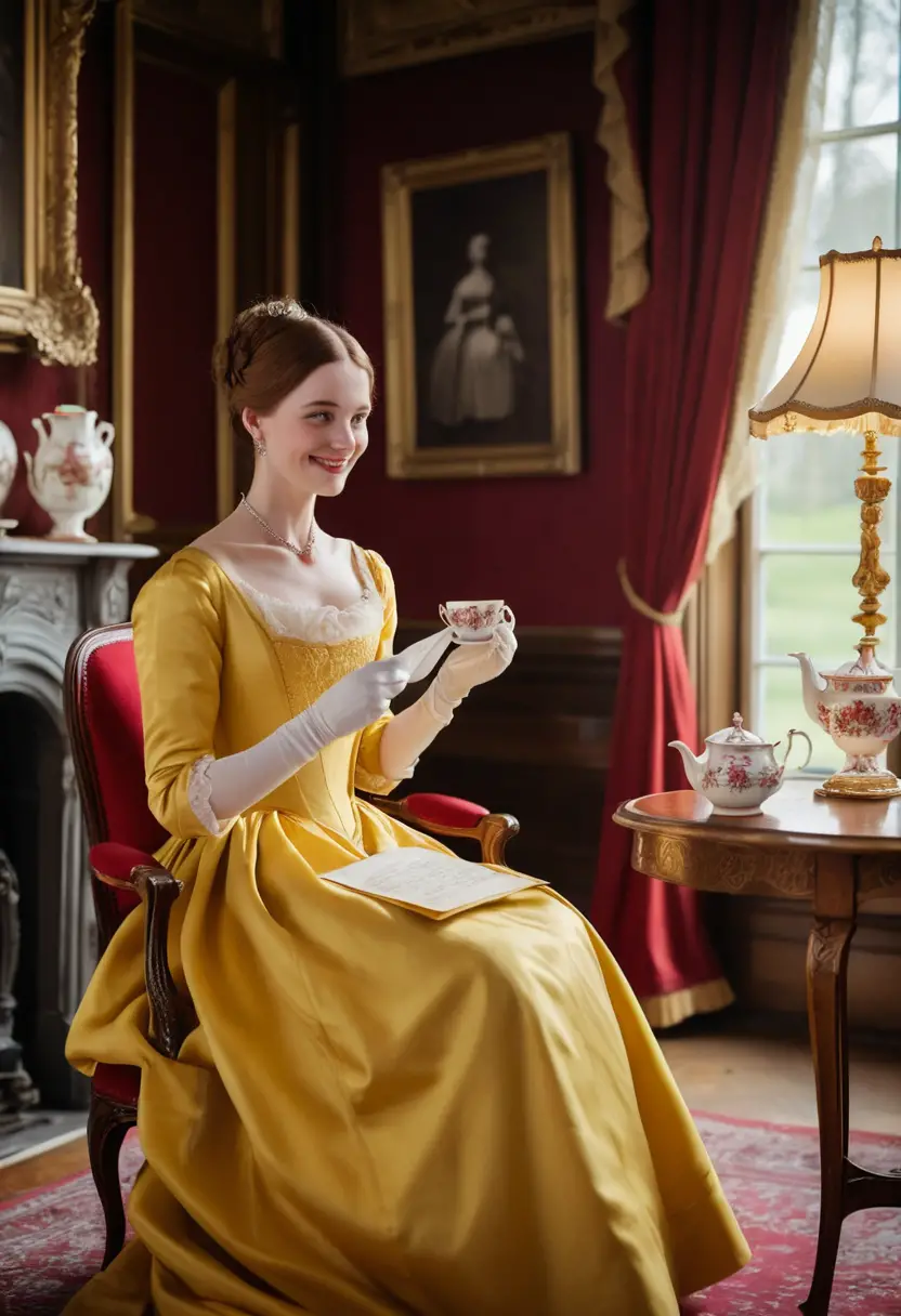 Elegant woman in yellow gown sipping tea in victorian room