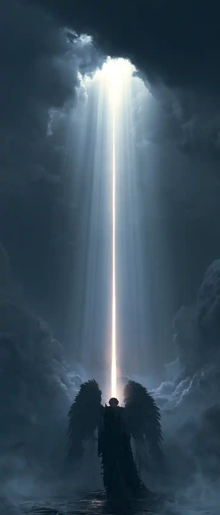 Broken winged angel walking toward a single golden light