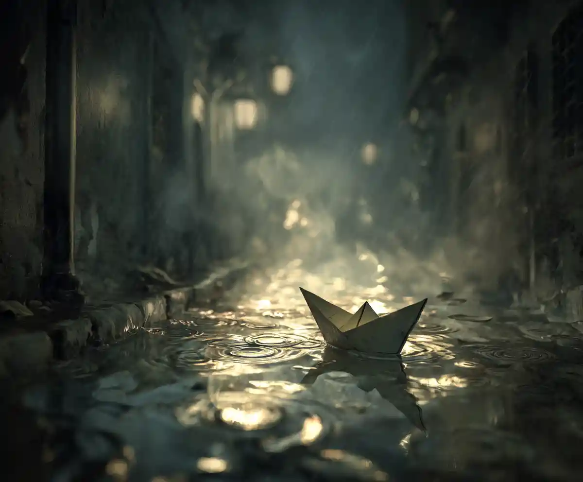 Paper boat drifting through a rainy street puddle at night