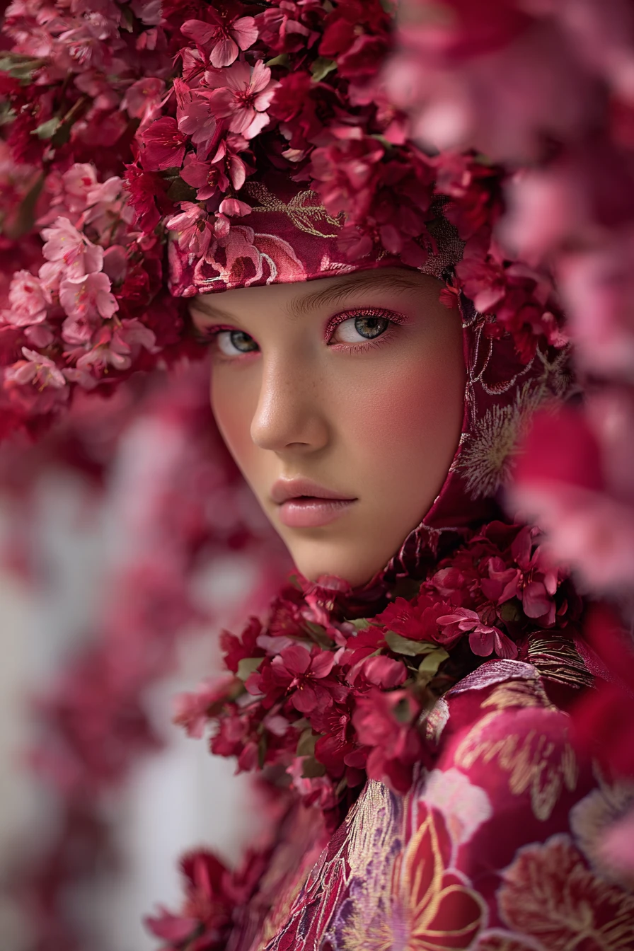 Young woman in red cherry blossoms and silk kimono