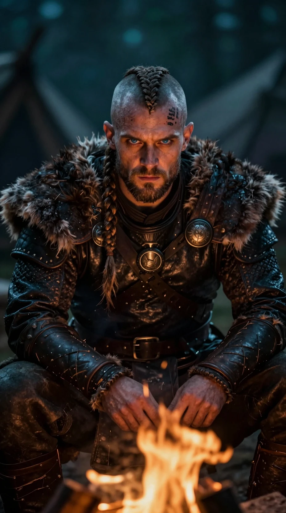 Brooding viking warrior by campfire in cinematic portrait
