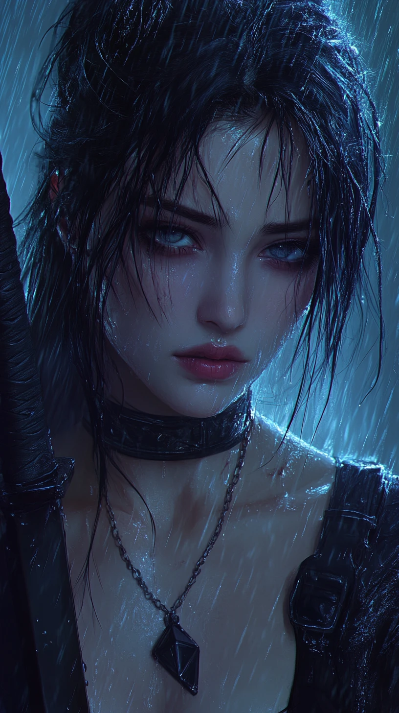 Sad warrior woman in rain with sword and chains